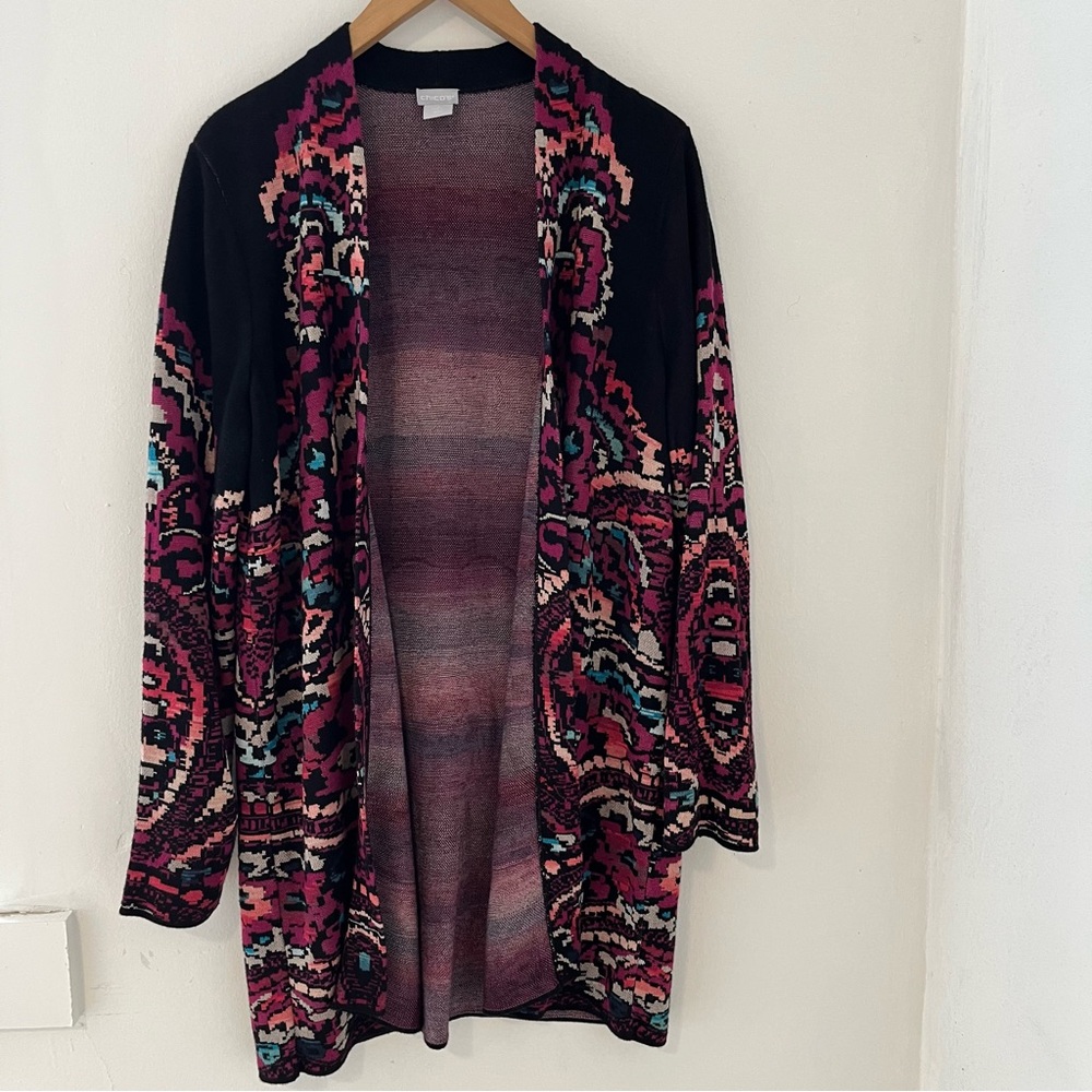 Chico's Boho Tribal Floral Chic Open-Front Patterned Cardigan Black, Berry, Teal